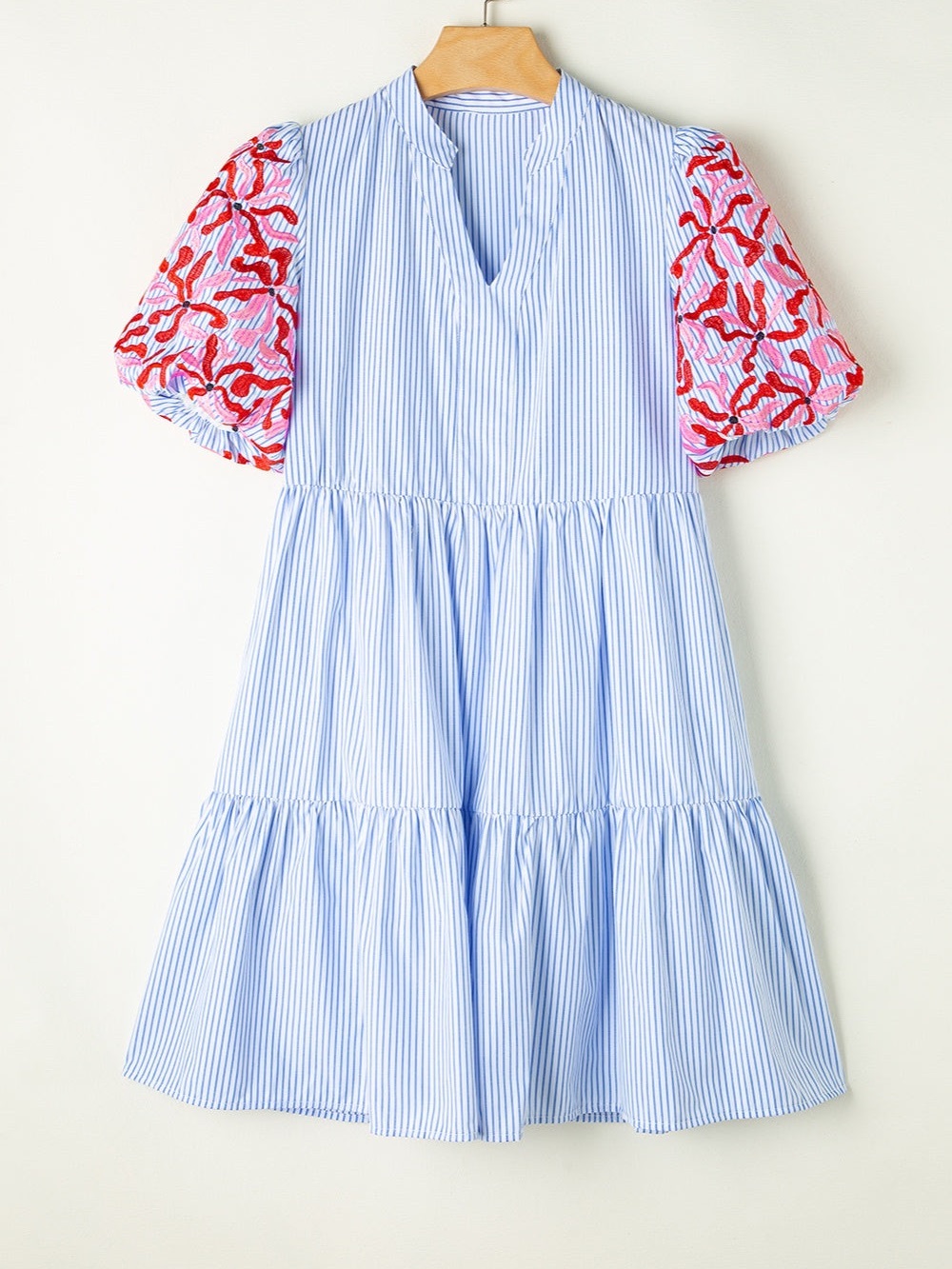Entro Striped Blue Tiered Dress with Embroidered Puff Sleeves